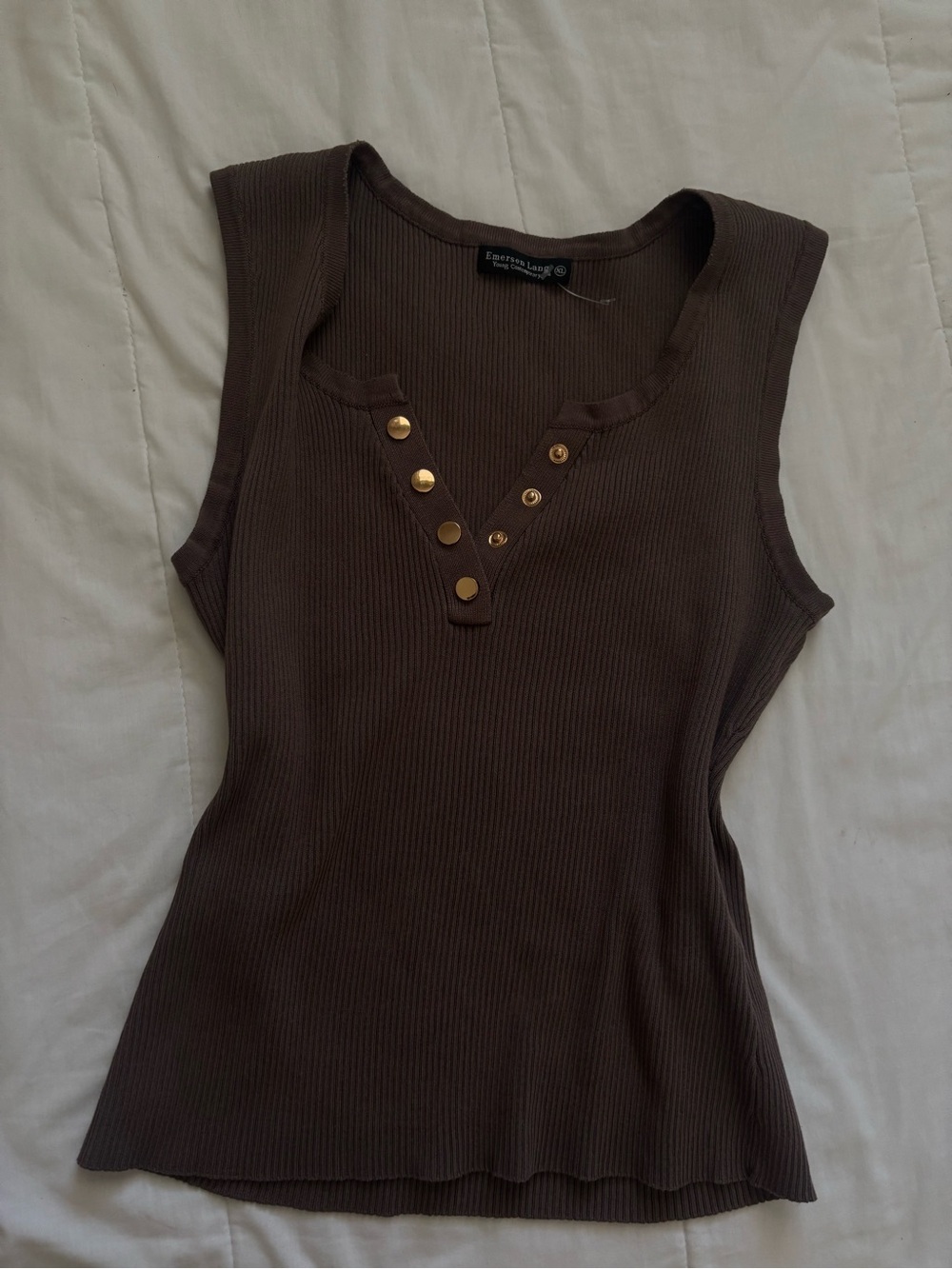 Express Dark Brown Ribbed Tank with Gold Snap Detail
